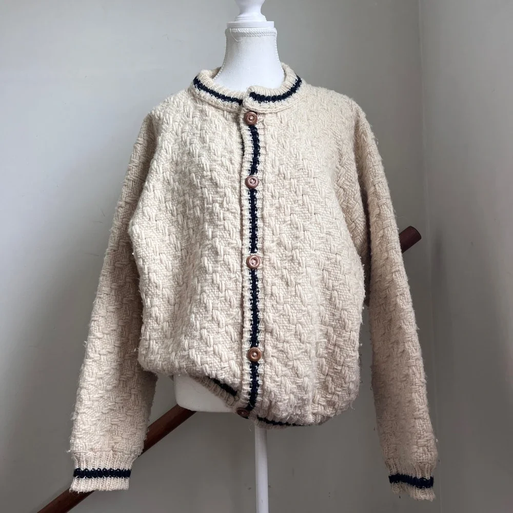 Vintage Chunky Cardigan Sweater Cream Basketweave Hand Knit Button Up Oversized